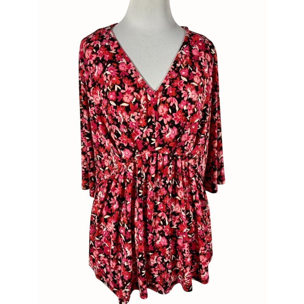 Dear Scarlett Womens Pink Floral Medium Blouse Short Sleeve V-Neckline NEW